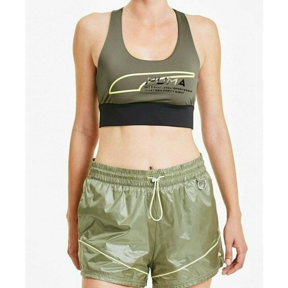 NWT Puma Womens Evide Workout Set Crop Top Bra Shorts Green - Picture 8 of 12